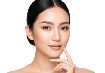 Beautiful young asian woman with perfect skin and subtle makeup, touching her chin thoughtfully, isolated on transparent background