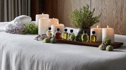 Relaxing Spa Setting with Essential Oils, Candles, and Fresh Greenery for Wellness and Tranquility