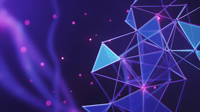 Abstract geometric structure with blue triangles and purple background with bokeh lights - Powered by Adobe