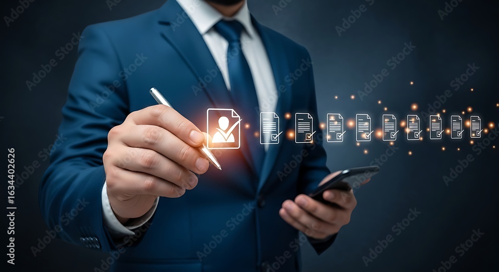 Poster businessman in suit interacting with digital documents and user profiles on a dark background, repre