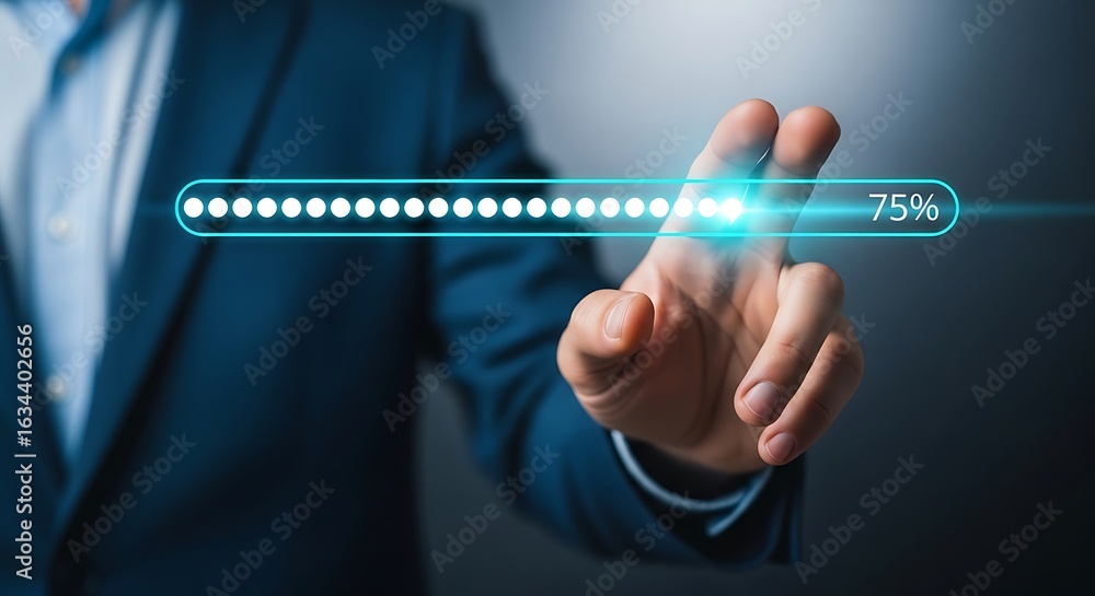 Poster businessman touching a glowing progress bar indicating 75 completion, symbolizing successful project