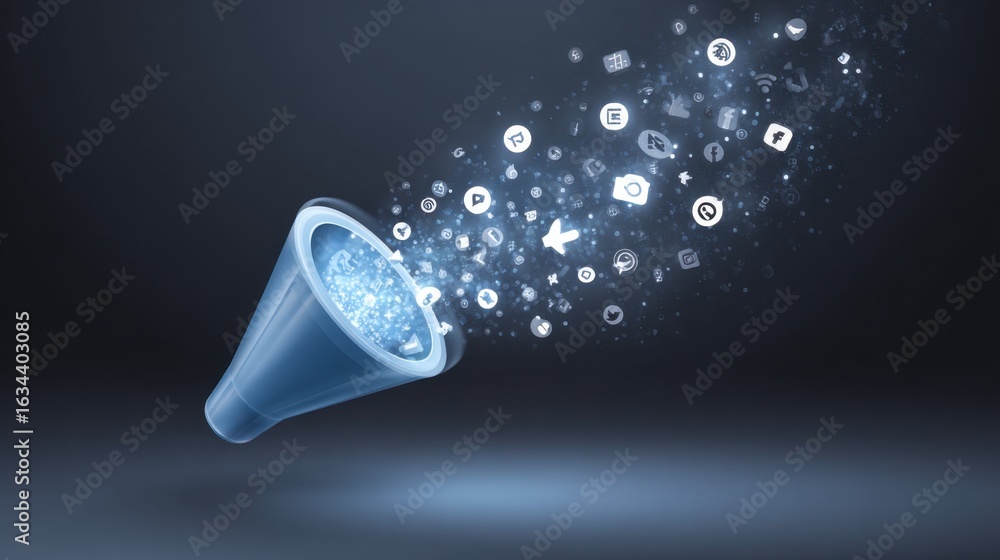Poster dynamic funnel releasing digital icons with sparkling effects representing data flow and technology 