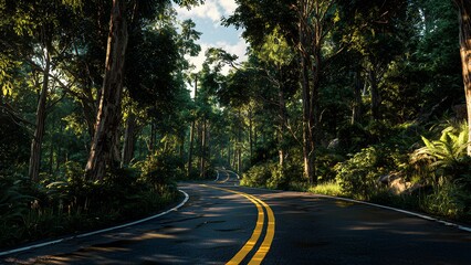 Obraz premium Scenic Forest Road with Curves – Peaceful Morning Drive Through Dense Greenery