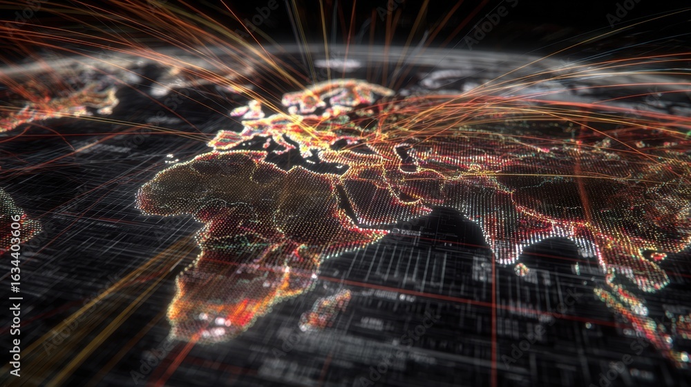 Poster digital world map with light trails representing data connectivity and global network interaction in