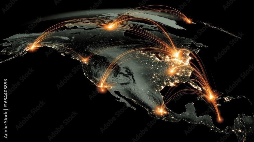 Poster global network connections over north america with bright lines representing data transfer and commu