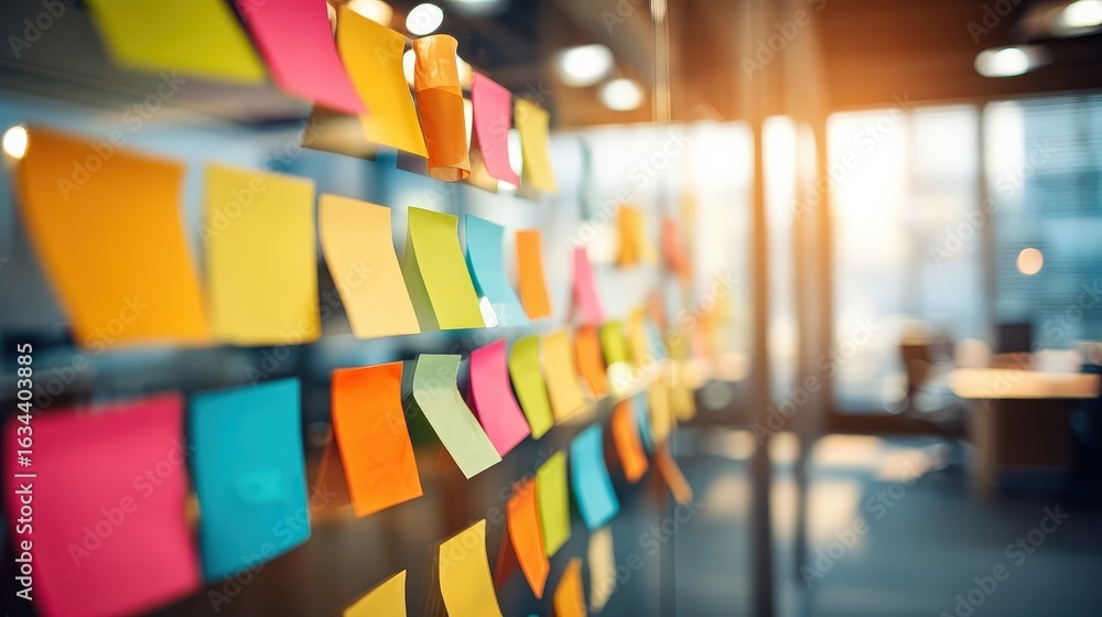 Aufkleber a vibrant display of sticky notes in various colors on a glass wall, creating a dynamic and organize