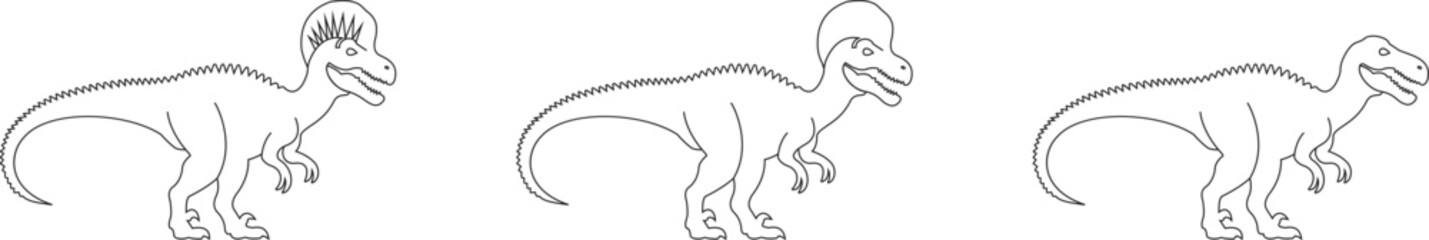 Dinosaur icon set, black vector collection of prehistoric reptile group in line style T-Rex raptor cartoon dino ancient animal silhouette and outline fossil isolated on transparent background © WaQar