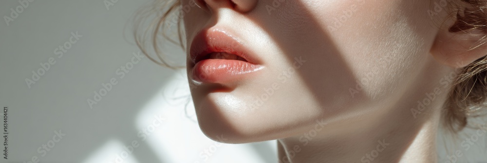 Poster portrait featuring porcelain skin under bright white light with minimal shadows, emphasizing delicat