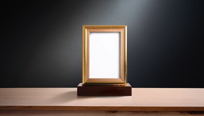 elegant trophy display with empty frame on table