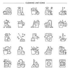 Fototapeta premium A comprehensive set of universal thin line icons for cleaning. Vector symbols for housekeeping tools, laundry, and sanitation.