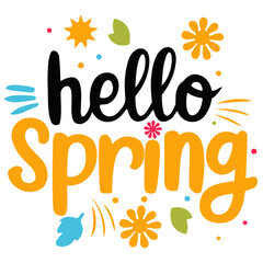 Hello spring text with decorative flowers sun and leaves in a colorful spring themed design on white background