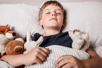 Cute little boy sleeping peacefully in bed, holding soft stuffed animals. Cozy childhood bedtime...