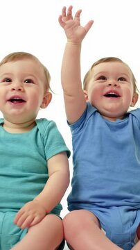 Two adorable 8-18 month old babies in a low-angle medium close-up video, sitting, raising arms ecstatically with sparkling smiles against a pristine white studio background, dolly zoom in bright soft