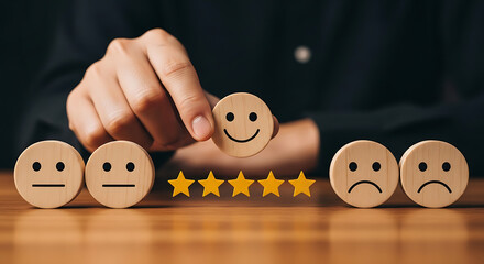 Customer satisfaction survey with wooden smiley, neutral, and sad faces and five stars