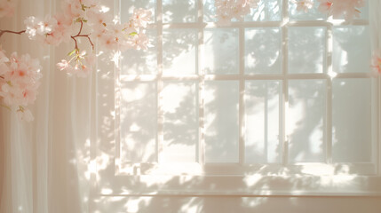 Cherry blossom shadows dancing on white curtains