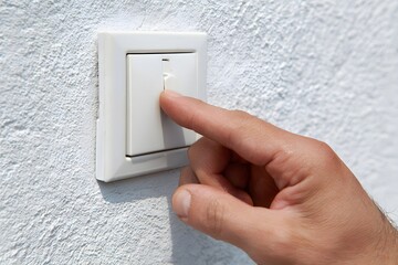 Finger pressing light switch on a wall