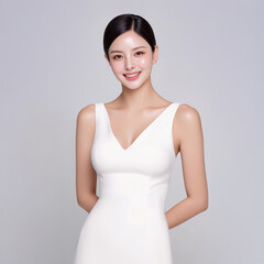 Elegant Asian young woman in a white sleeveless V-neck dress smiling confidently