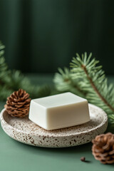 White bar of soap on a speckled ceramic dish with pine needles and cones. Natural hygiene product for bath and body care.