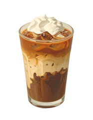 Layered Iced Coffee with Coffee Jelly and Milk Foam Isolated on White