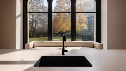 Modern interior with black faucet and cream couch by arched windows