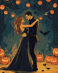 A woman and a man in Halloween costumes are dancing during a Halloween party surrounded by jack o lanterns.