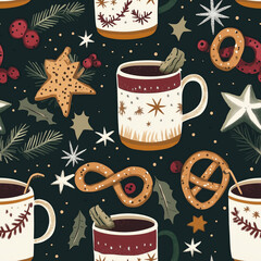 Christmas hot cocoa drink and baked goods seamless pattern. Holiday winter theme. New year decorations for cozy design.