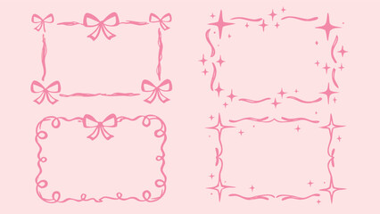 Four pink frames with bows and stars for decoration on a light pink background in a cute style