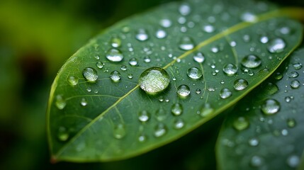 Close up of vibrant green leaf covered in fresh dew drops after rain