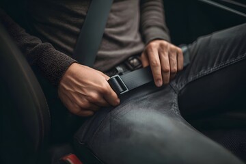 A close-up view of a person fastening a seat belt for safety while sitting in a car