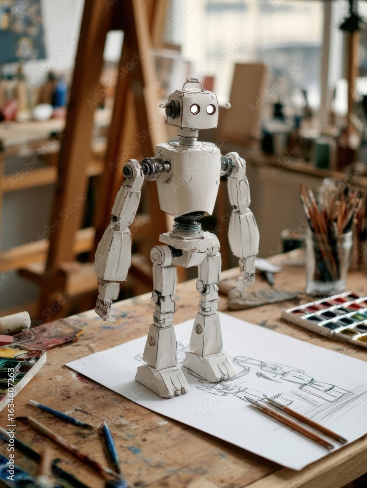 Poster unique wooden robot model in an artists studio with paints and sketches on the table
