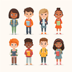 Colorful School Children Vector Icons – Diverse Ethnicities, Books, Backpacks

