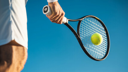 Tennis player about to serve a yellow ball with a racquet against a clear blue sky
