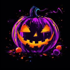 Glowing halloween pumpkin, carved jack-o-lantern illuminated from within with spooky face and glowing eyes on black background.