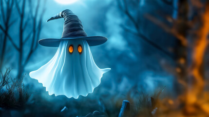Cute halloween ghost with wizard hat floating in a spooky graveyard at night. Scary phantom for halloween party.