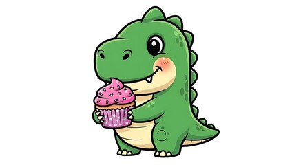 Obraz premium Cute green cartoon dinosaur holding a pink cupcake with sprinkles. Adorable vector illustration.