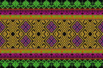 A vibrant pixel art pattern inspired by traditional Thai tribal weaving. This design features bold yellow diamond motifs, red geometric crosses, and decorative green and red ethnic borders, all arrang