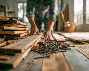 Man carpenter arranging wood planks and nails on floor. Home renovation and construction concept for workshop advertisement and Black Friday