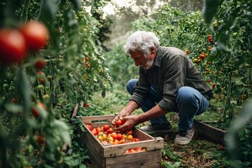 Elderly farmer harvesting fresh tomatoes in a garden