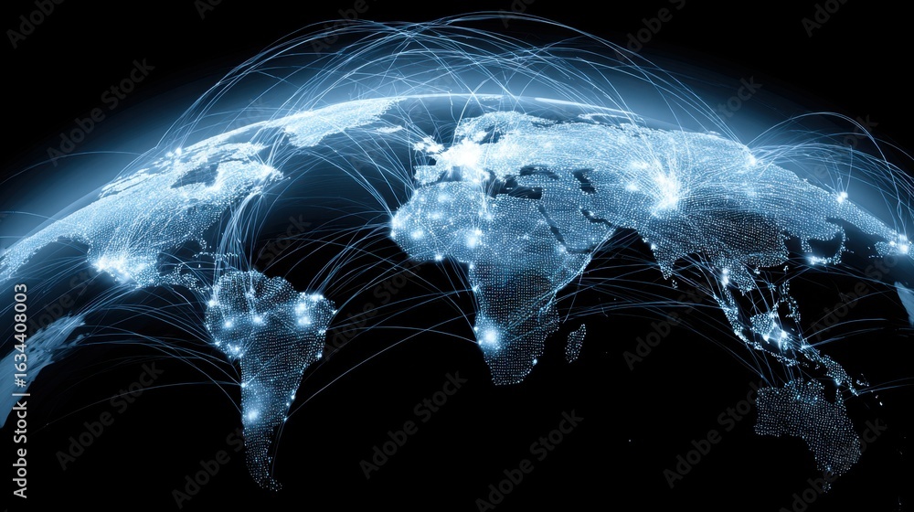 Poster global network connectivity illustration with data lines and map of the world in blue and black colo