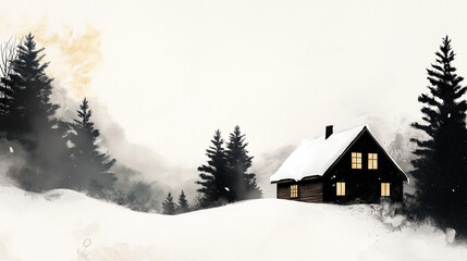 Wooden cabin with light inside windows on snow covered hillside surrounded by pine trees. Cozy winter landscape for holiday card.