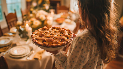Woman holding a baked apple pie in a dining room. Homemade dessert ready for a festive holiday dinner or a family gathering.