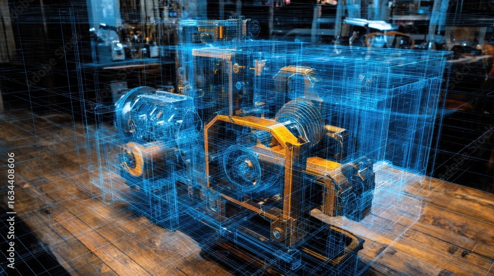 Poster detailed 3d render of a mechanical engine with transparent wireframe visualization in a workshop set