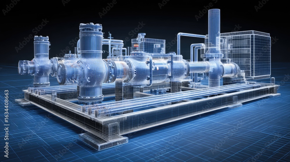 Poster 3d rendering of industrial pump system with transparent components and engineering blueprint backgro