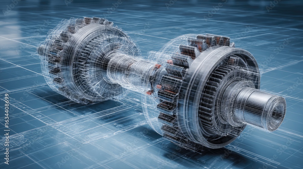 Poster 3d model of a mechanical gear system with detailed wireframe representation and background for engin