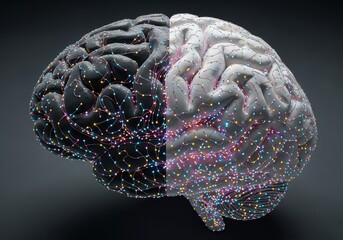 Dynamic neural network visualization of human brain with glowing connections and data flow