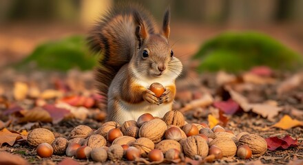 Adorable Red Squirrel with Nut in Autumn Forest, Walnuts and Hazelnuts