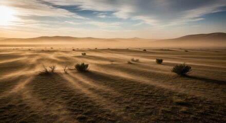 Obraz premium Golden Wind Sweeps Across a Hazy Steppe, Painting Streaks of Dust at Dawn.