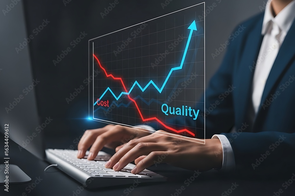 Aufkleber business professional analyzing quality and growth data on a virtual graph displayed on a computer s
