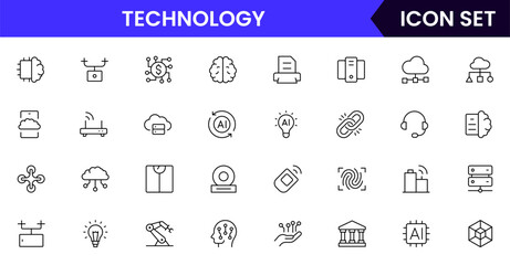 Technology vector line icons featuring smartwatches, fitness bands, AR glasses, biometric sensors, health tracking, connectivity, notifications, and portable digital devices.
