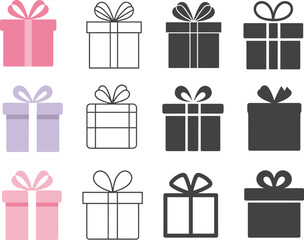 Gift Box Icon Set, Present Package Vector, Black and Color Design, Bow Wrapped Gift Illustration, Holiday Celebration Element, Isolated Icons Collection